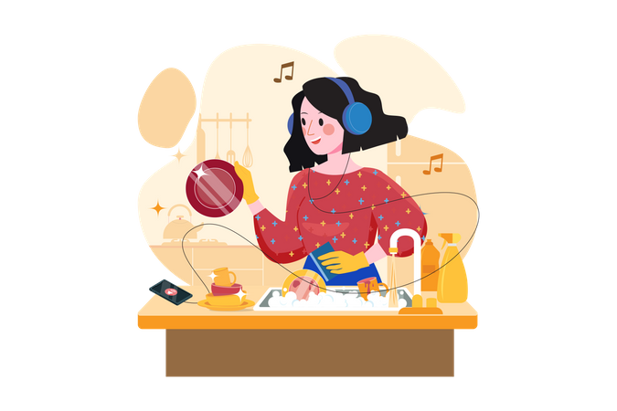 Woman listen to the podcast while washing dishes  Illustration