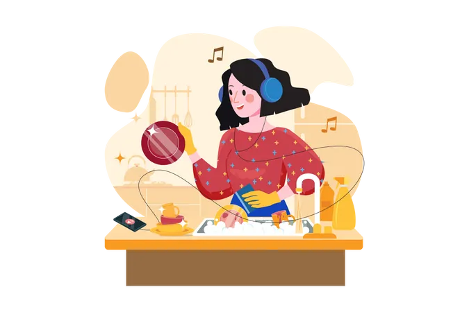 Woman listen to the podcast while washing dishes  Illustration