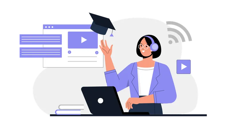 Woman listening graduation study video  Illustration