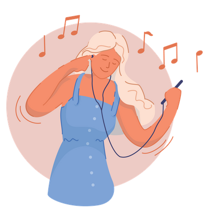 Woman listening music on headphones  Illustration