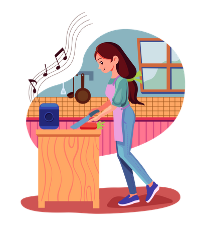 Woman listening music on speaker while working  Illustration