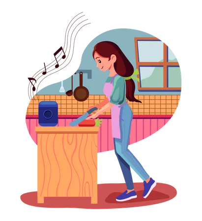 Woman listening music on speaker while working  Illustration