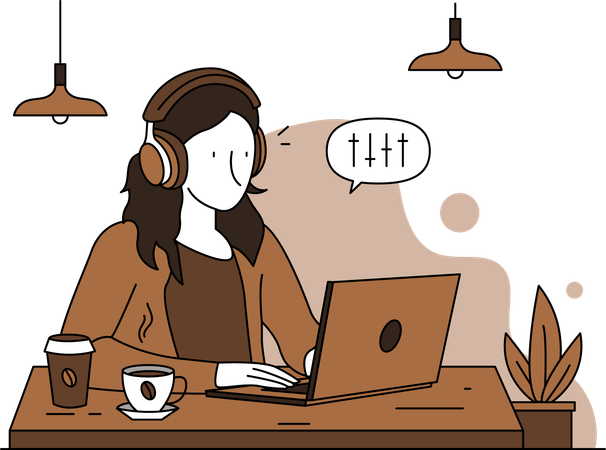 Woman Listening Music While Drinking Coffee  イラスト