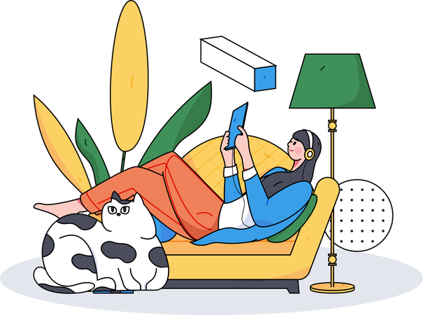 Woman listening music while having fun with pet cat  Illustration