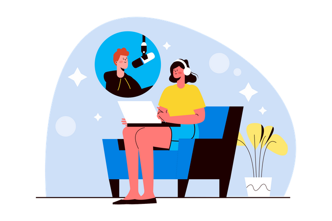 Woman listening podcast  Illustration