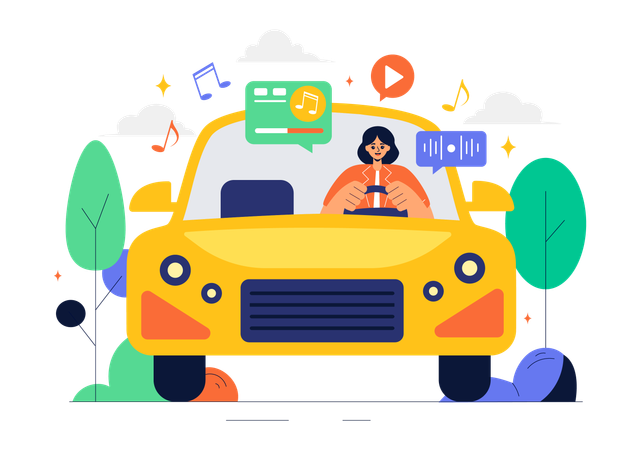 Woman listening song inside car  Illustration