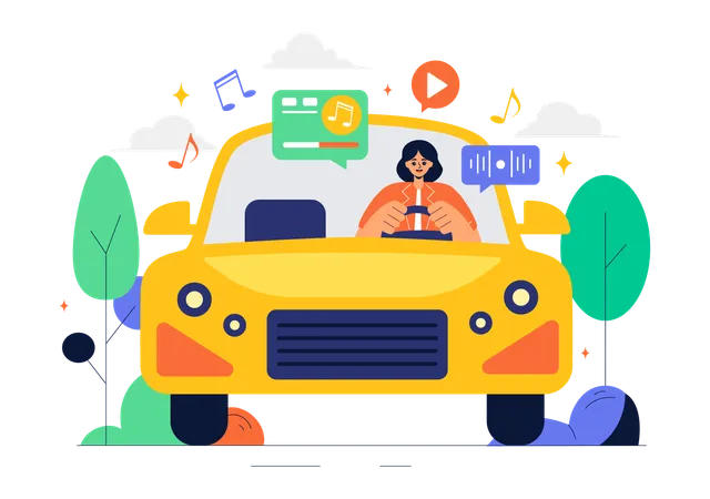 Woman listening song inside car  Illustration