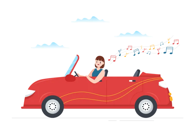Woman listening song while driving Illustration