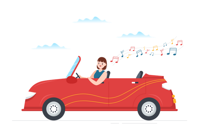 Woman listening song while driving  Illustration