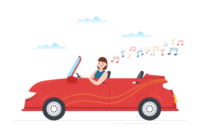 Woman listening song while driving  Illustration