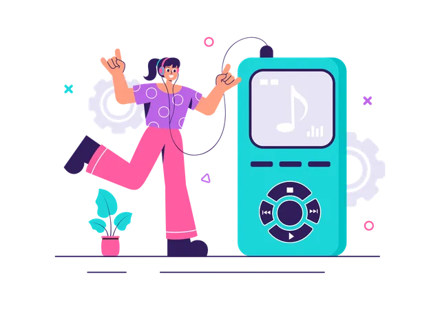 Woman listening songs from mp3 player  Illustration