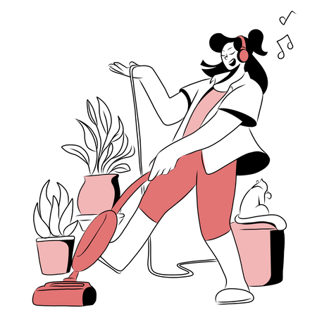 Woman listening songs while vacuuming floor  Illustration