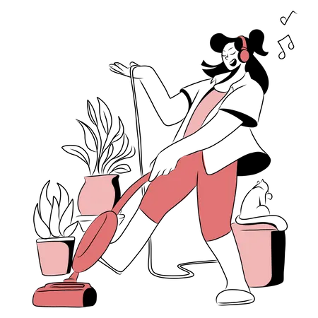 Woman listening songs while vacuuming floor  Illustration