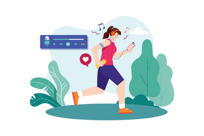 Woman Listening To A Podcast While Jogging Illustration