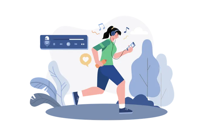 Woman Listening To A Podcast While Jogging  Illustration