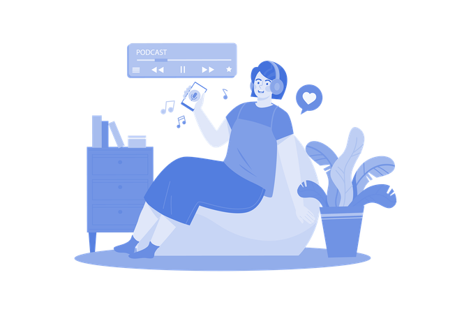 Woman Listening To A Podcast While Sitting On A Beanbag  Illustration