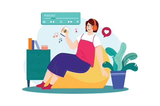 Woman Listening To A Podcast While Sitting On A Beanbag Illustration