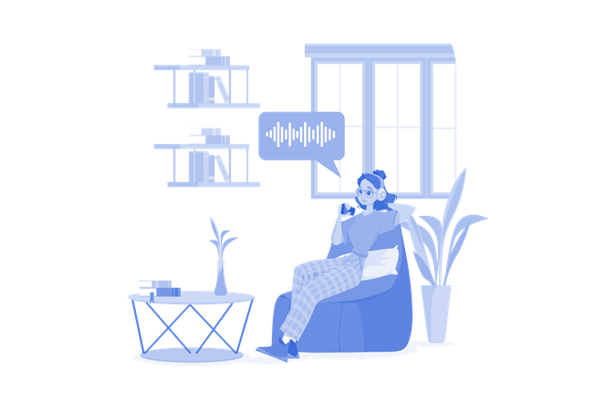 Woman listening to a podcast while sitting on beanbag  イラスト