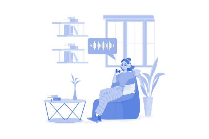 Woman Listening To A Podcast While Sitting On A Beanbag Illustration