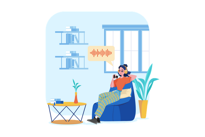 Woman listening to a podcast while sitting on beanbag Illustration