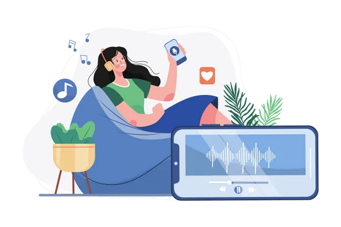 Woman listening to a podcast while sitting on beanbag  イラスト