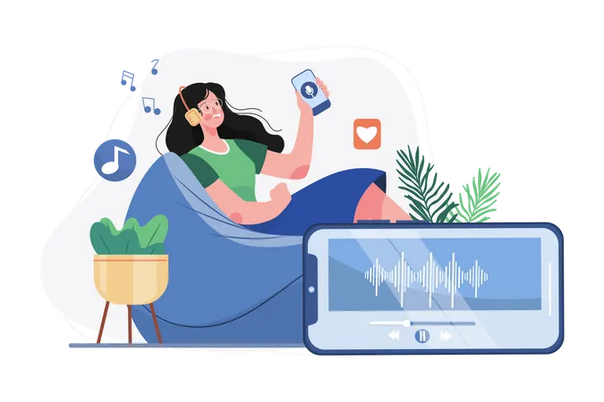 Woman listening to a podcast while sitting on beanbag  Illustration