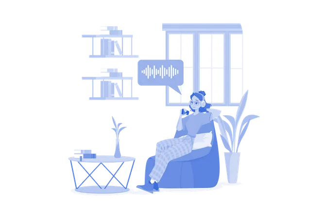 Woman listening to a podcast while sitting on beanbag  Illustration