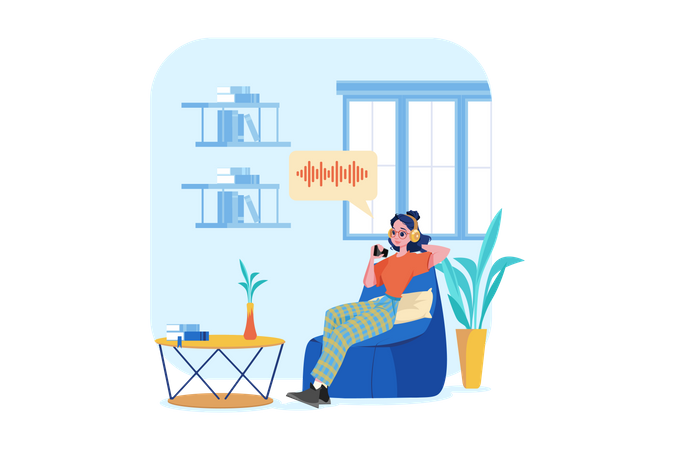 Woman listening to a podcast while sitting on beanbag  Illustration