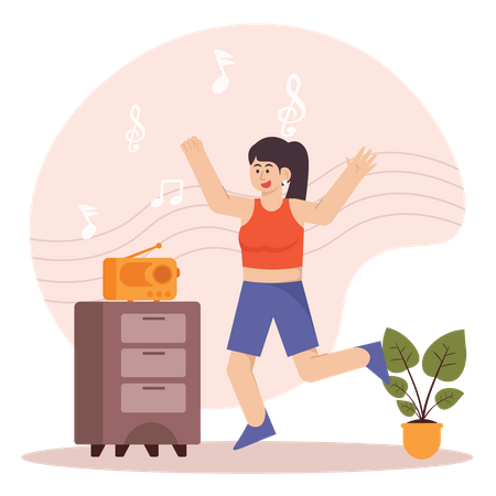 Woman Listening to Music On The Radio While Dancing  Illustration