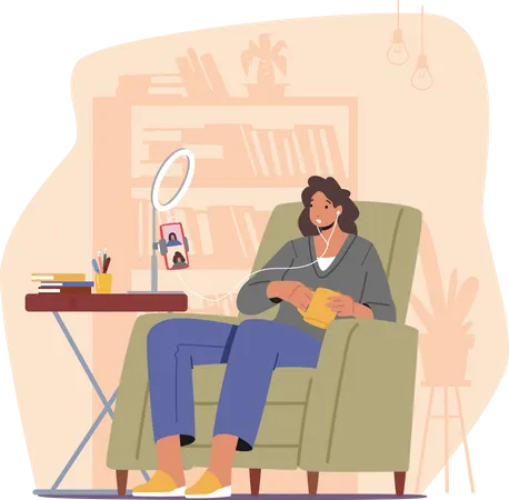 Woman listening to online radio show while sitting on couch at home Illustration