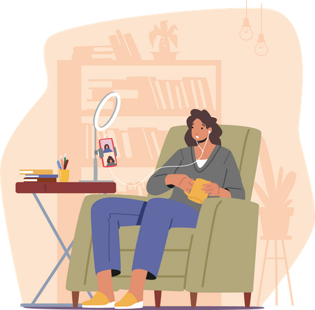 Woman listening to online radio show while sitting on couch at home  Illustration