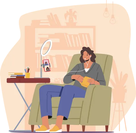 Woman listening to online radio show while sitting on couch at home  Illustration