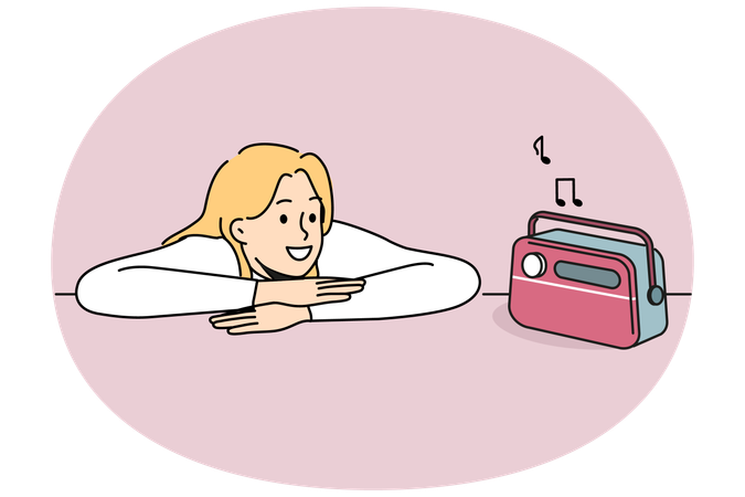 Woman listening to radio using vintage fm receiver and enjoying analog sound of music  Illustration