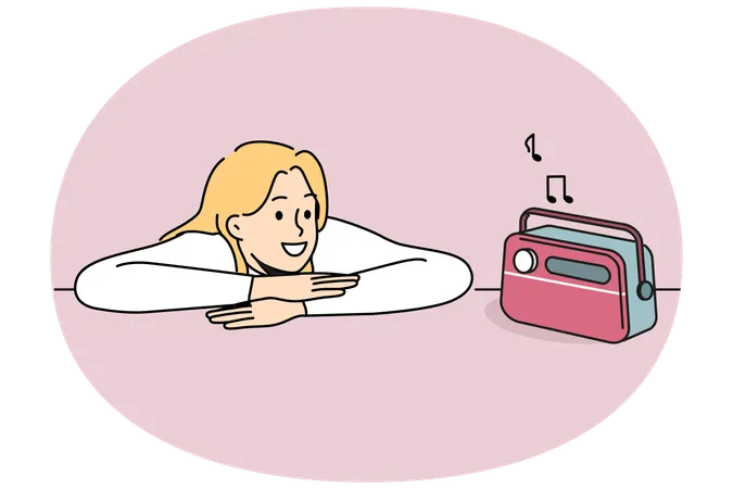 Woman listening to radio using vintage fm receiver and enjoying analog sound of music  Illustration