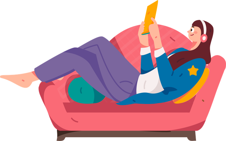 Woman listening to songs while relaxing on sofa  Illustration