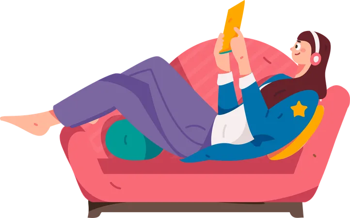 Woman listening to songs while relaxing on sofa  Illustration