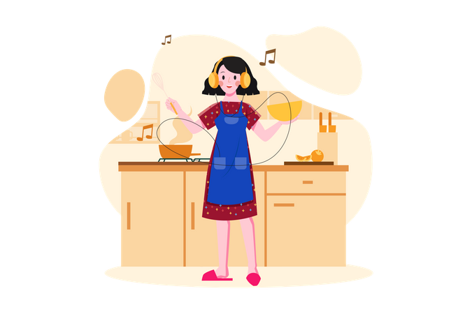 Woman listening to the podcast while cooking Illustration