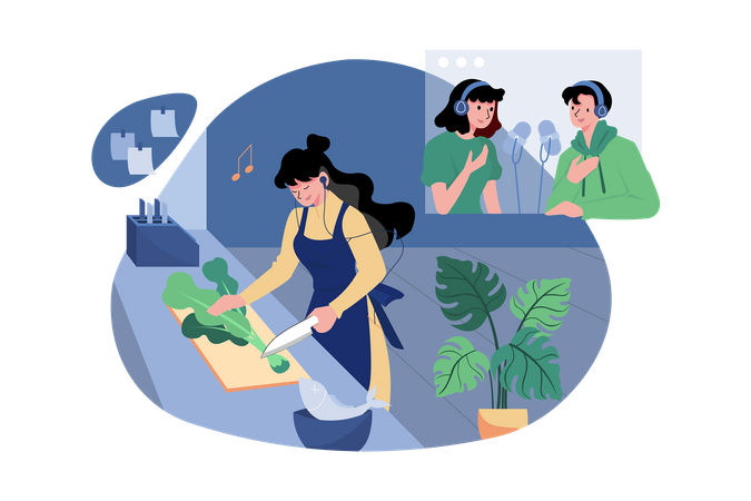 Woman Listening To The Podcast While Cooking  Illustration