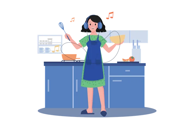 Woman listening to the podcast while cooking  Illustration