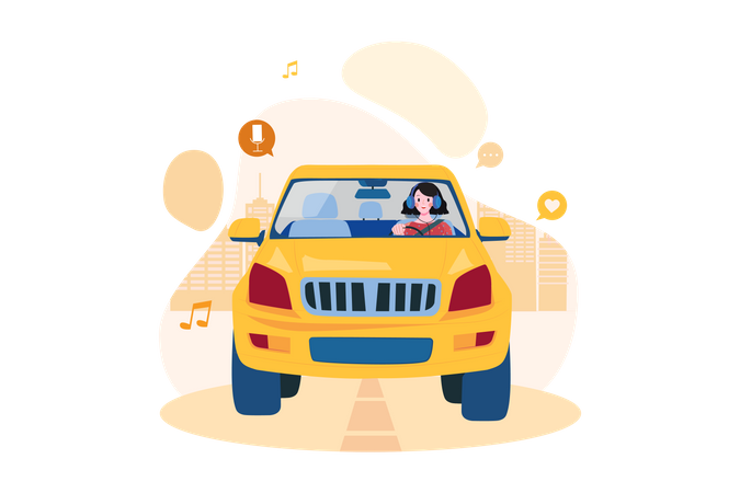 Woman listening to the podcast while driving Illustration