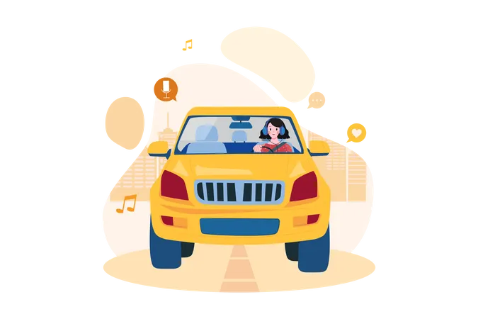 Woman listening to the podcast while driving  Illustration