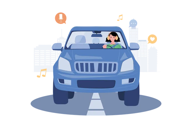 Woman listening to the podcast while driving  Illustration