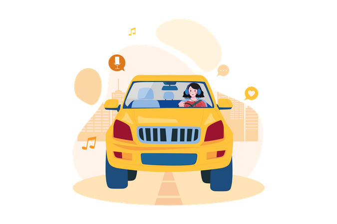 Woman listening to the podcast while driving  Illustration