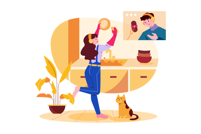 Woman listening to the podcast while washing dishes Illustration