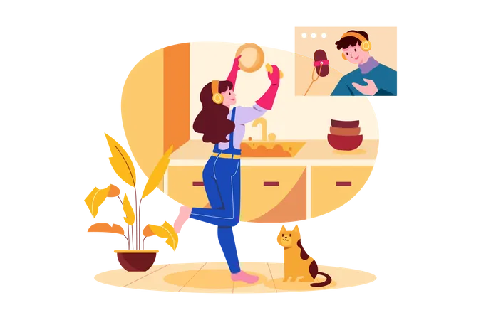 Woman listening to the podcast while washing dishes  Illustration