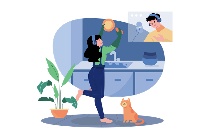 Woman Listening To The Podcast While Washing Dishes  Illustration