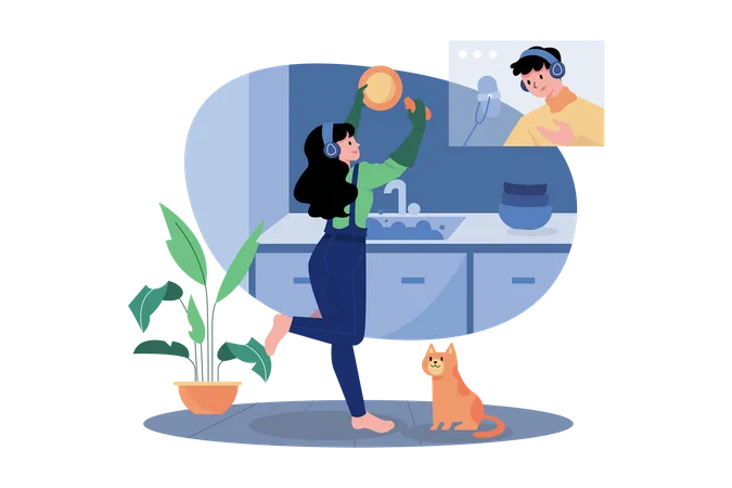 Woman Listening To The Podcast While Washing Dishes  Illustration