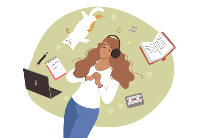 Woman listens music on headphones  Illustration