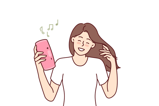 Woman listens songs on portable device  일러스트레이션