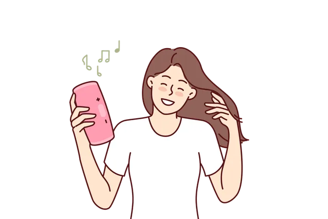 Woman With Wireless Portable Speaker Smiling Enjoying Loud Rhythmic Music Of Favorite Rock Band Young Girl With Pink Portable Speaker Enjoys Listening To Playlist Creating Disco Atmosphere Illustration